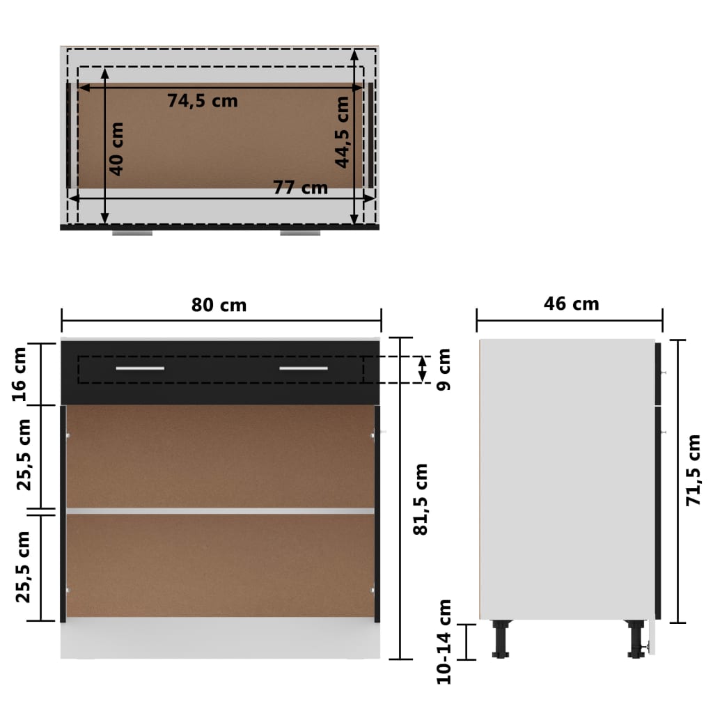 Skuffeunderskab Lyon 80X46X81,5Cm Konstrueret Træ Sort Højglans