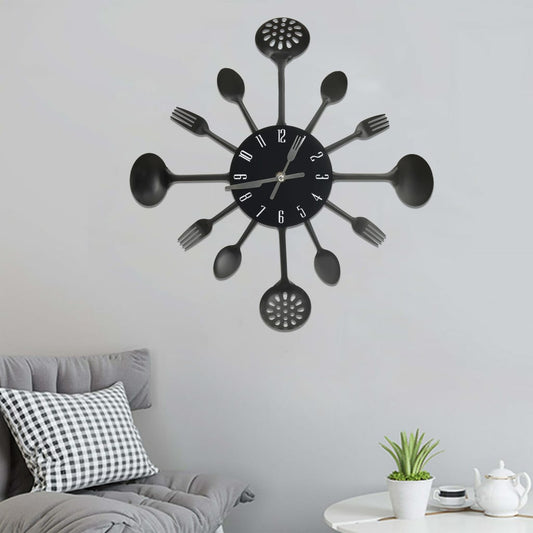 325163 Wall Clock With Spoon And Fork Design Black 40 Cm Aluminium Hvid