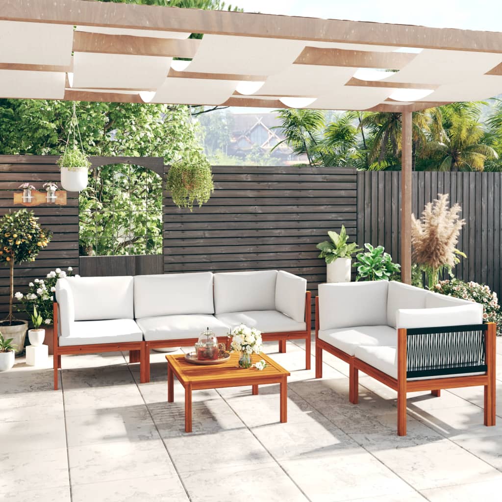 6-delt Havemøbelsæt Med Hynder Cremefarvet Træ Akacie Og Reb - Variant 3057886