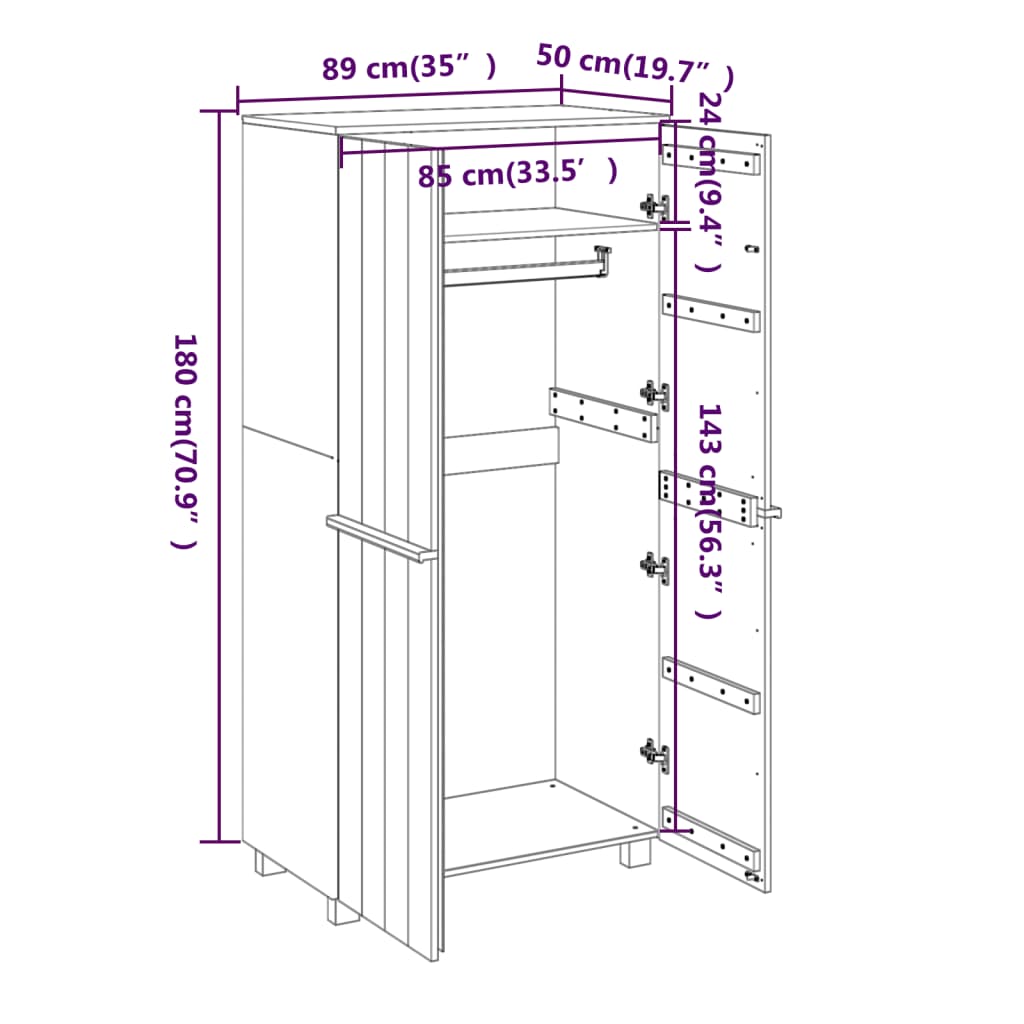 Klædeskab Hamar 89x50x180 Cm Massivt Fyrretræ - Billede 8