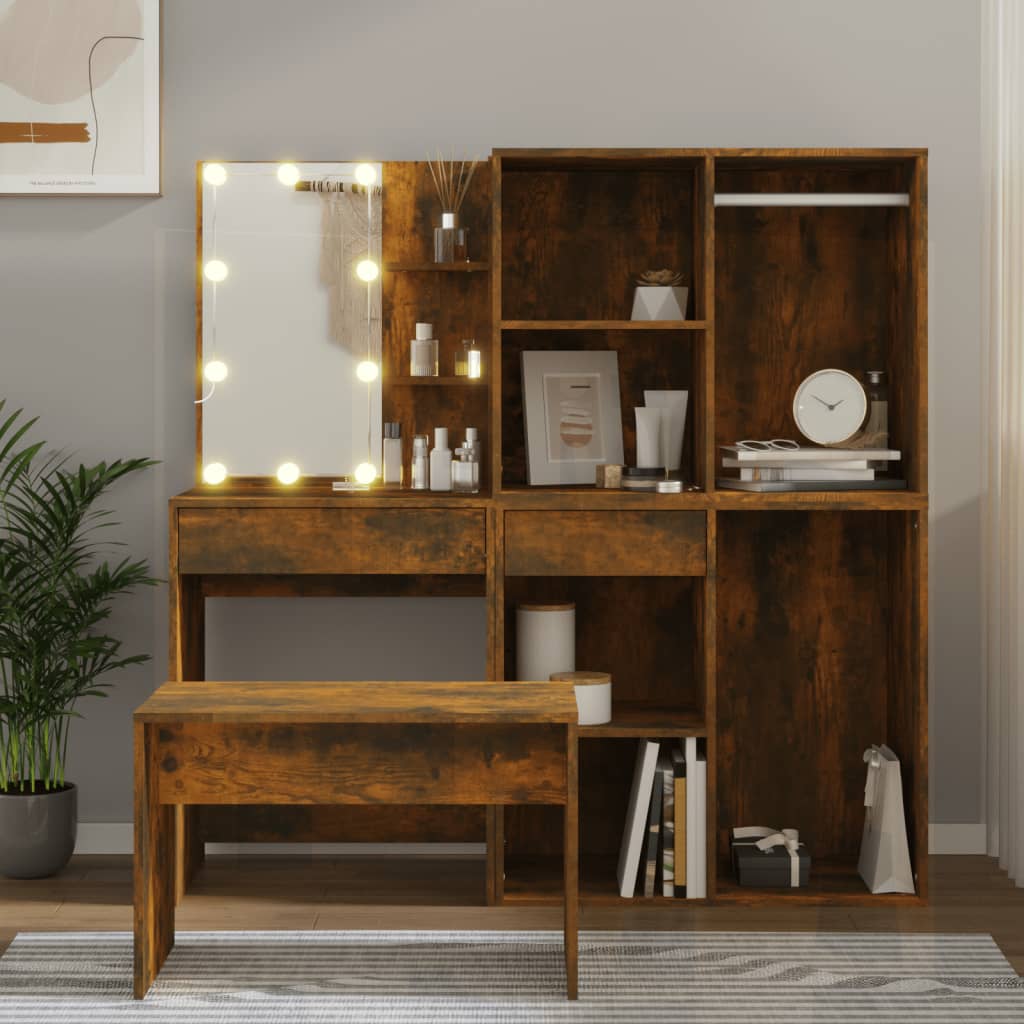 Makeupbordssæt Med LED-lys Konstrueret Træ - Variant 3114104