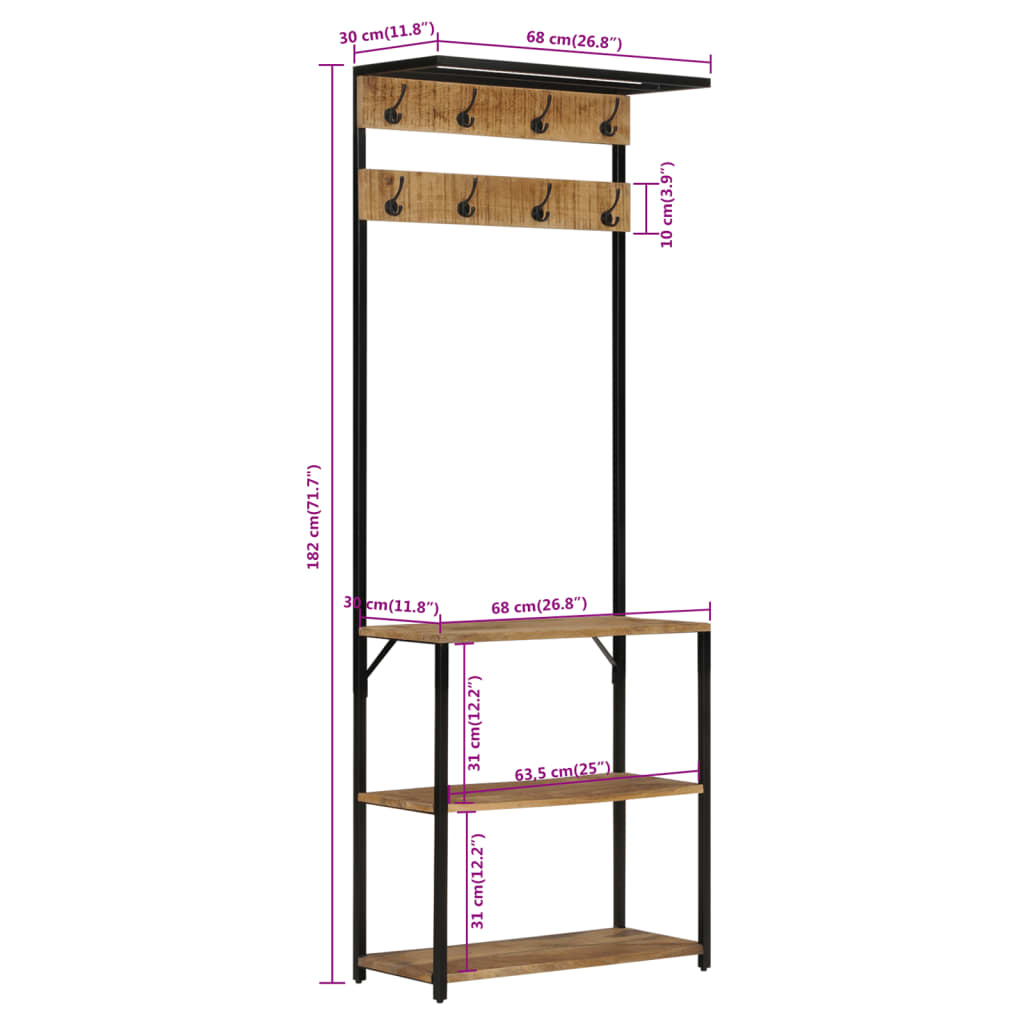 Knagerække Med Skoopbevaring 68x30x182 Cm Massivt Ru Mangotræ - Billede 7