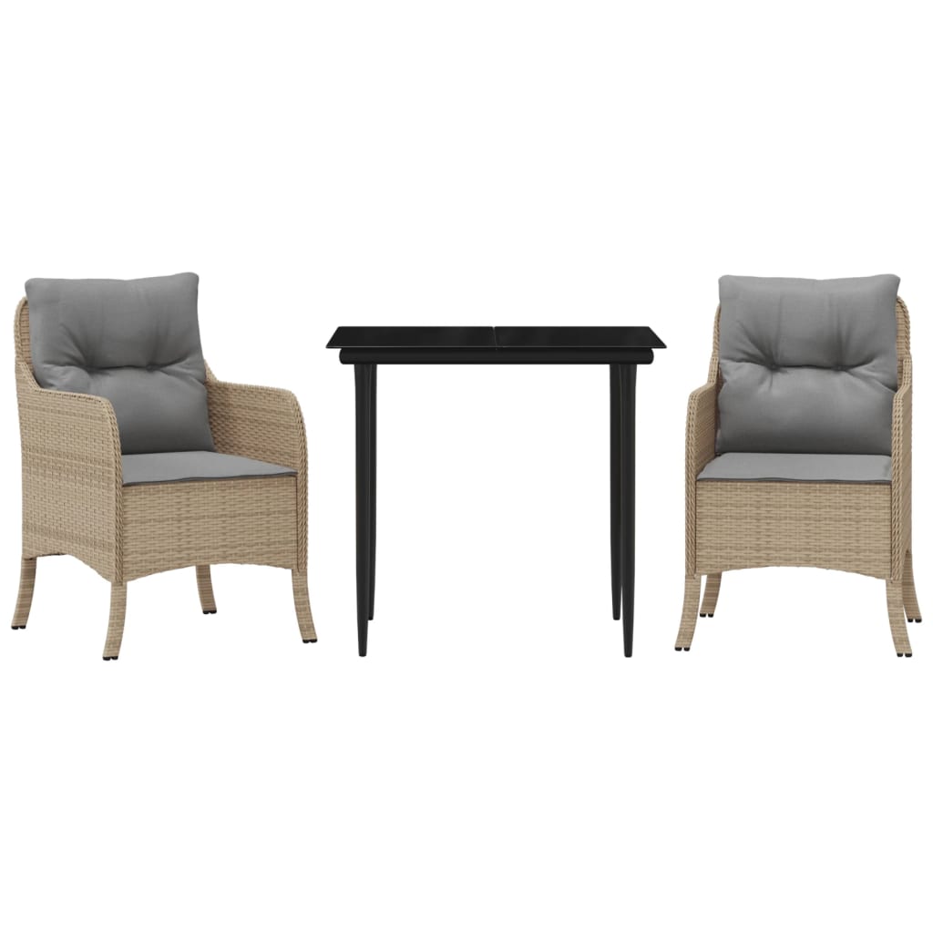 Spisebordssæt Til Haven 3 Dele Med Hynder Polyrattan Beige
