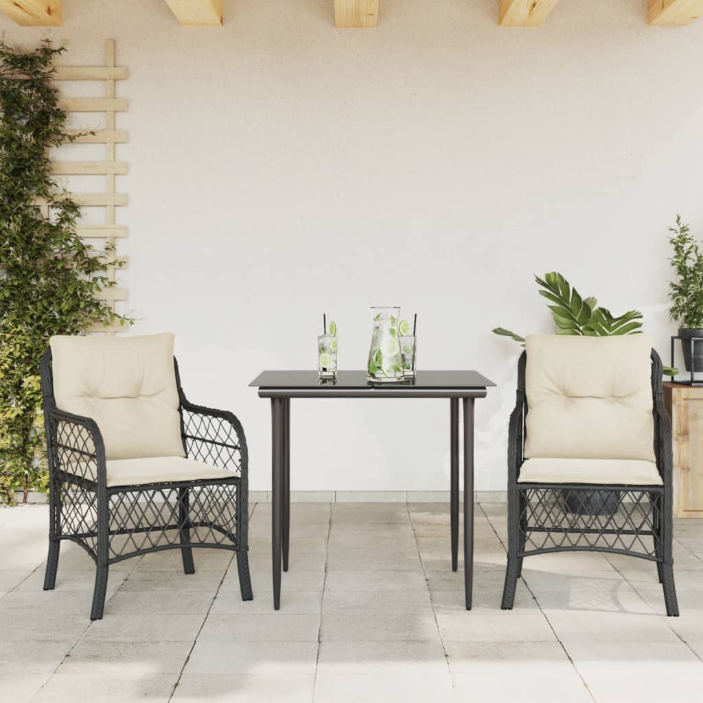 Bistrosæt til Haven 3 Dele med Hynder Polyrattan Sort - hovedbillede