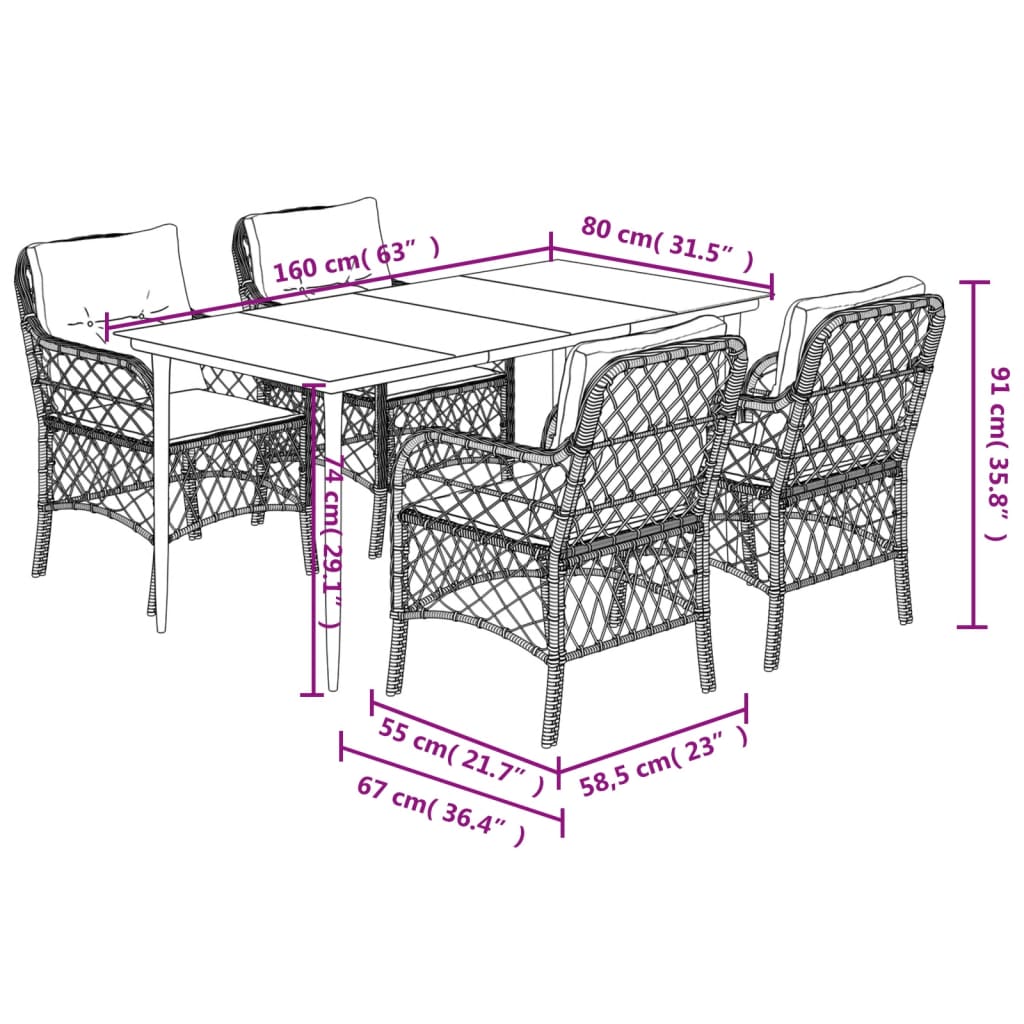 Spisebordssæt Til Haven 5 Dele Med Hynder Polyrattan Beige