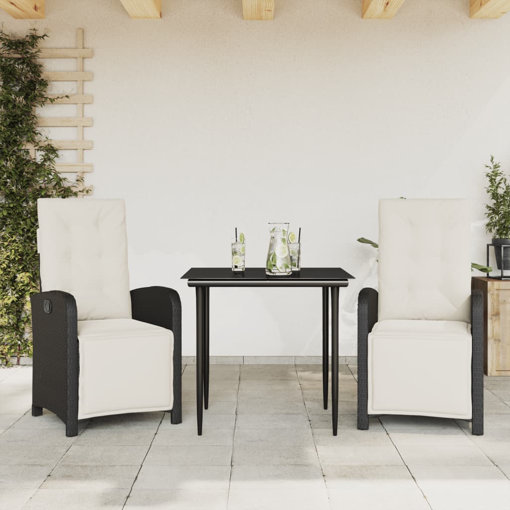 Bistrosæt til Haven 3 Dele med Hynder Polyrattan Sort - hovedbillede