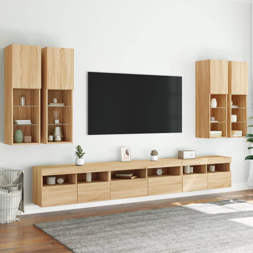 Væghængt Tv-møbel 7 Dele Med Led-lys Sonoma-eg - Billede 5