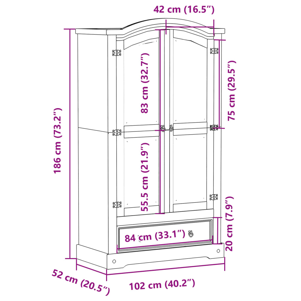 Klædeskab Corona 102x52x186 Cm Massivt Fyrretræ - Billede 9
