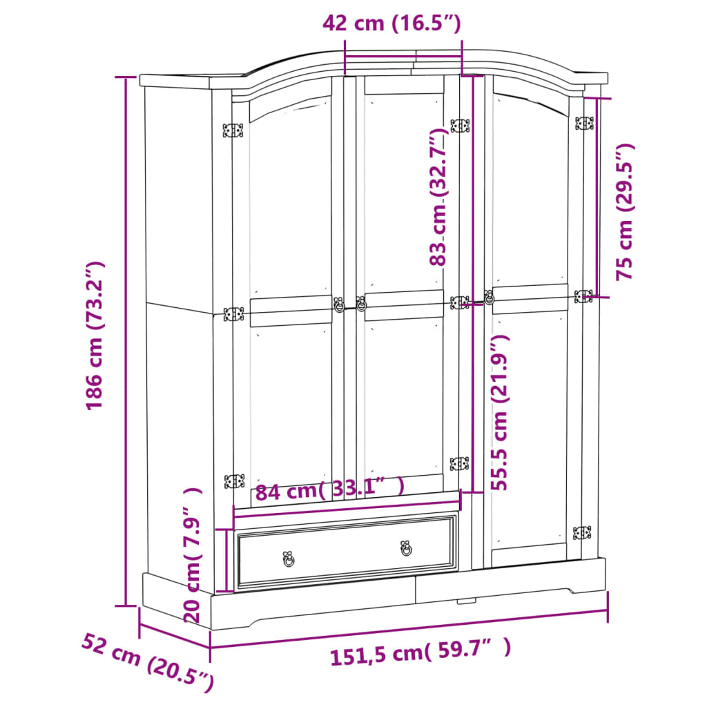 Klædeskab Corona 151,5x52x186 Cm Massivt Fyrretræ - Billede 9