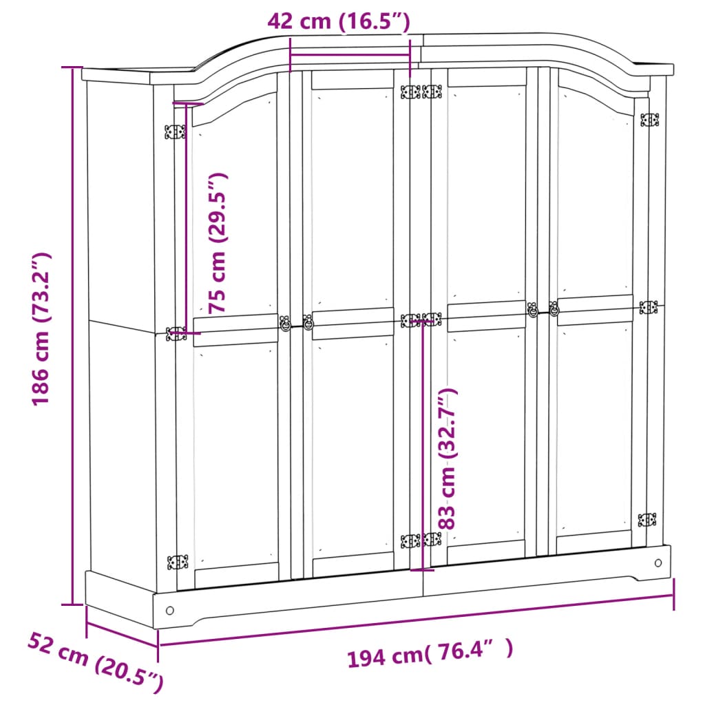 Klædeskab Corona 194x52x186 Cm Massivt Fyrretræ - Billede 9