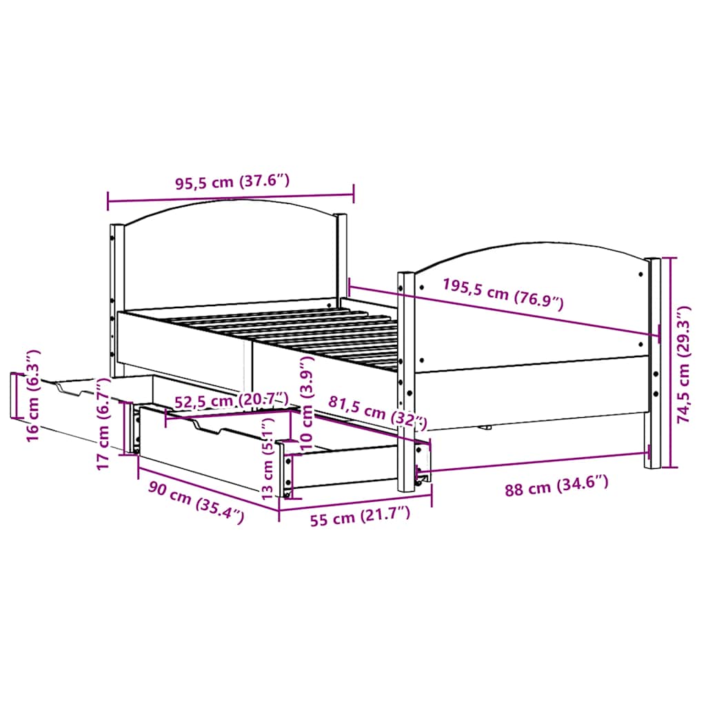 Sengeramme Uden Madras 90x190 Cm Massivt Fyrretræ - Billede 12