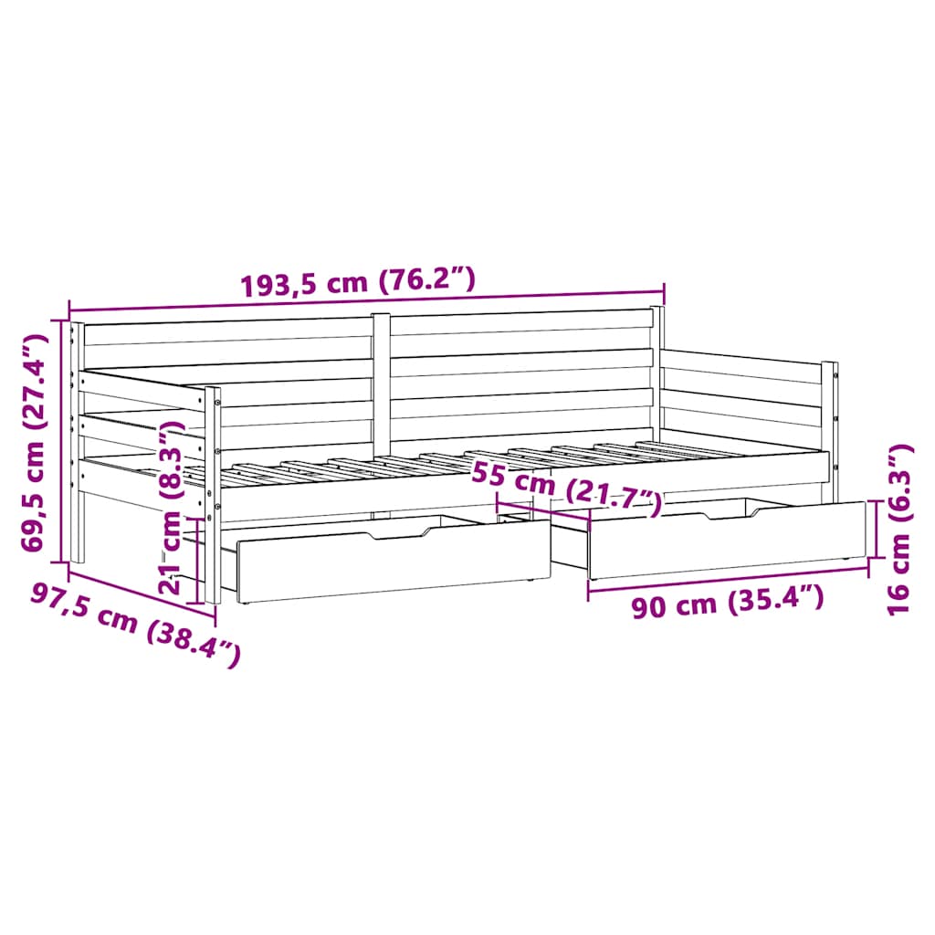 Daybed med Skuffer 90x190 Cm Massivt Fyrretræ Hvid - billede 12