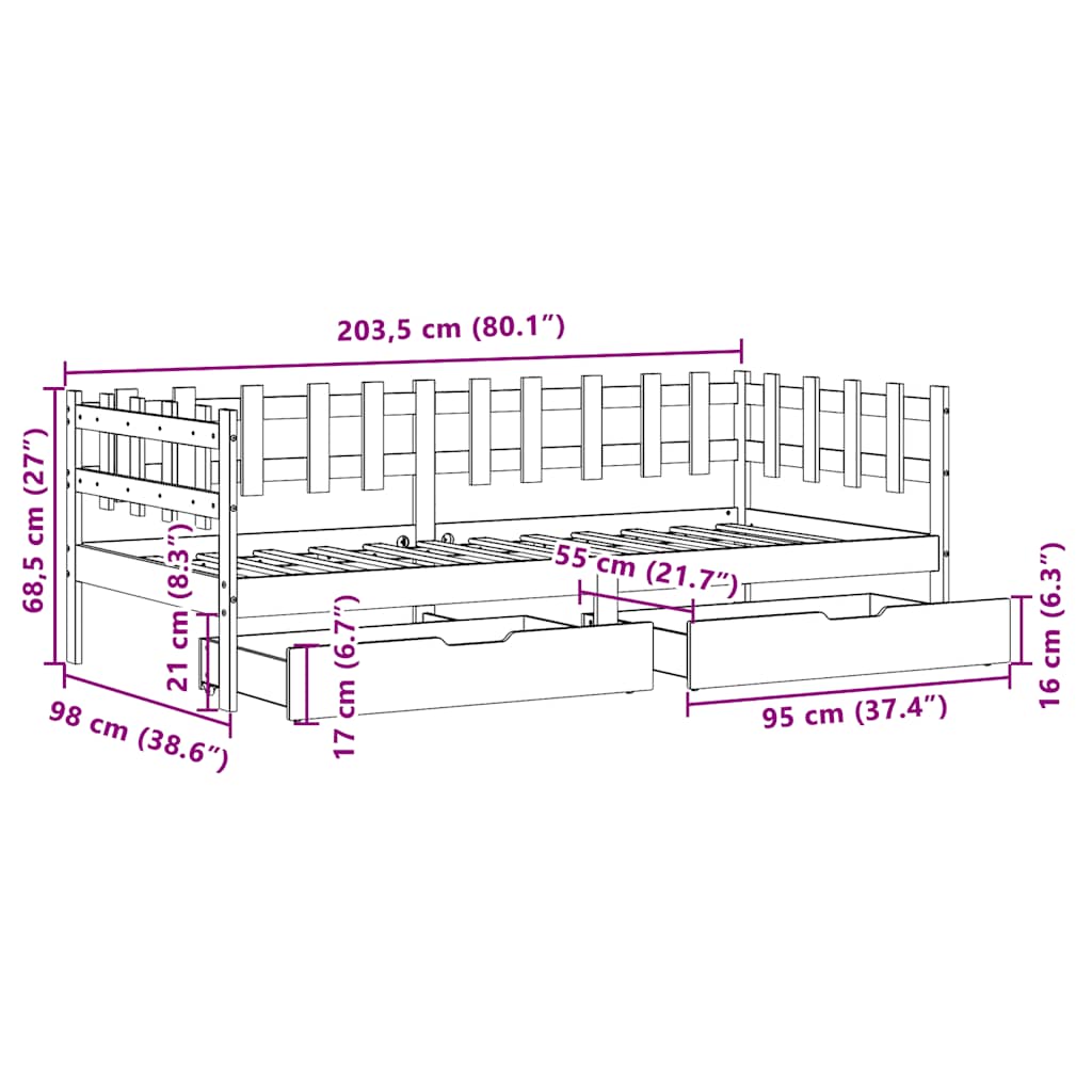 Daybed Med Skuffer 80X200 Cm Massivt Fyrretræ Hvid