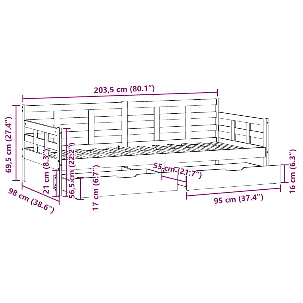 Daybed Med Skuffer Massivt Fyrretræ