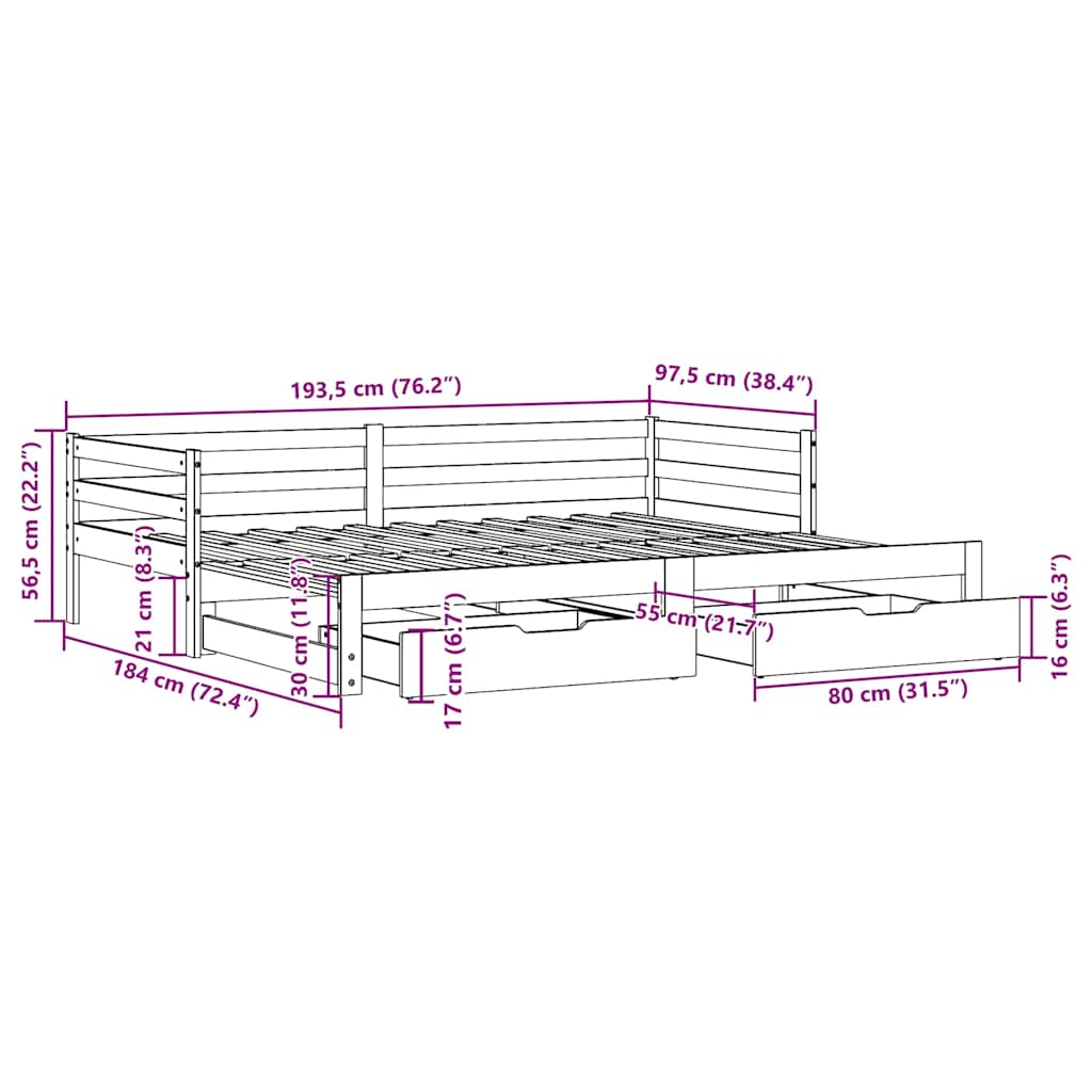 Daybed Med Udtræk Skuffer 90x190 Cm Massivt Fyrretræ Gyldenbrun - Billede 12