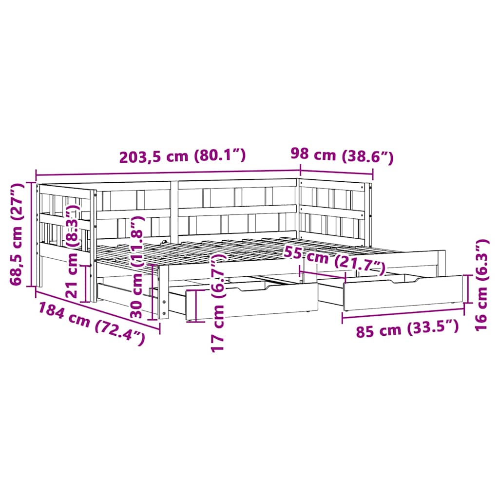 Daybed Med Udtræk Og Skuffer Uden Madras 90X200 Cm