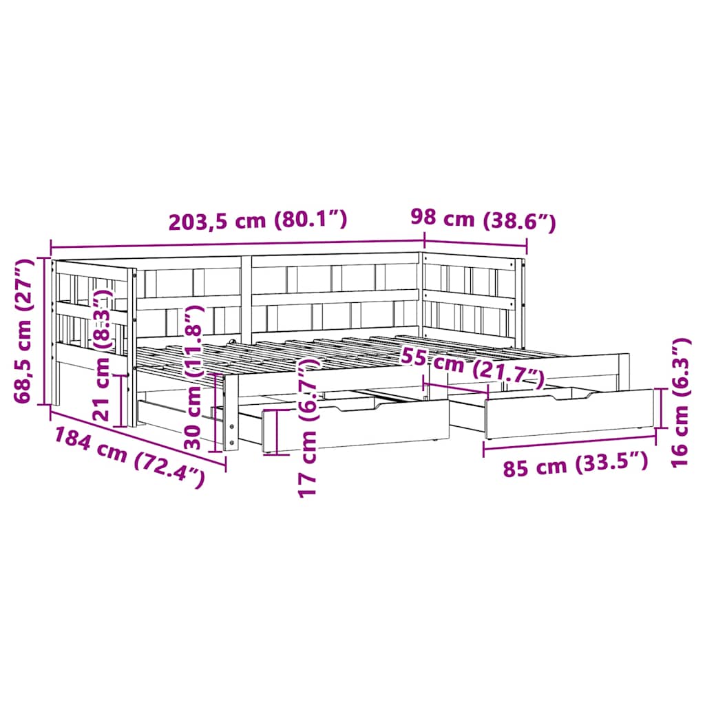 Daybed Med Udtræk Og Skuffer Uden Madras 90X200 Cm
