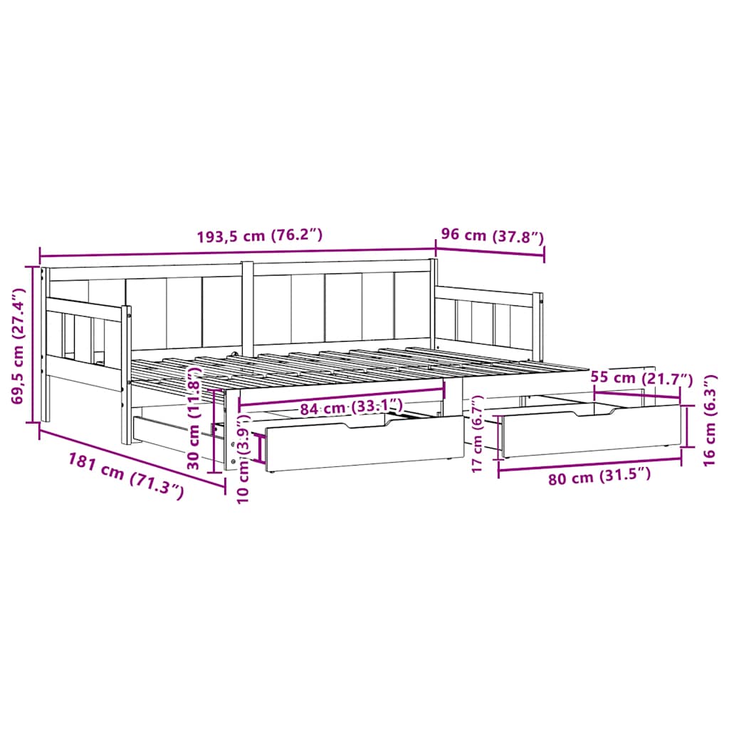 Daybed Med Udtræk Og Skuffer Uden Madras