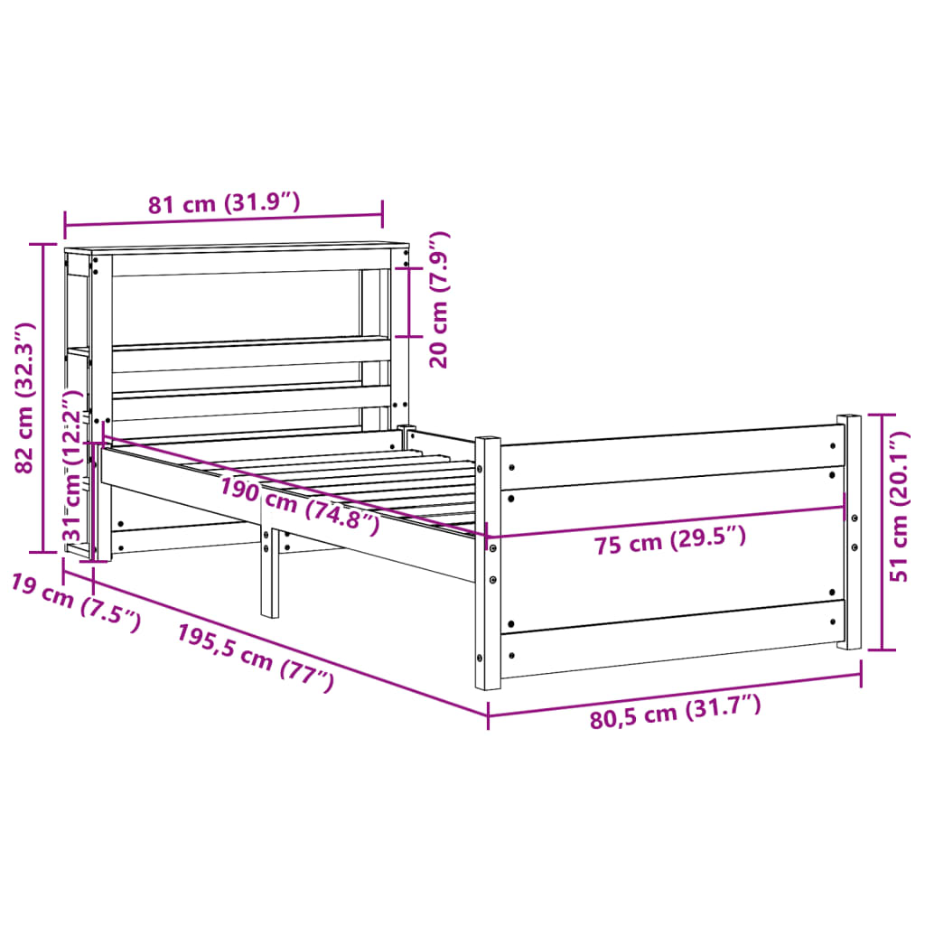 Sengeramme med Sengegavl 75x190 Cm Massivt Fyrretræ Hvid - billede 12