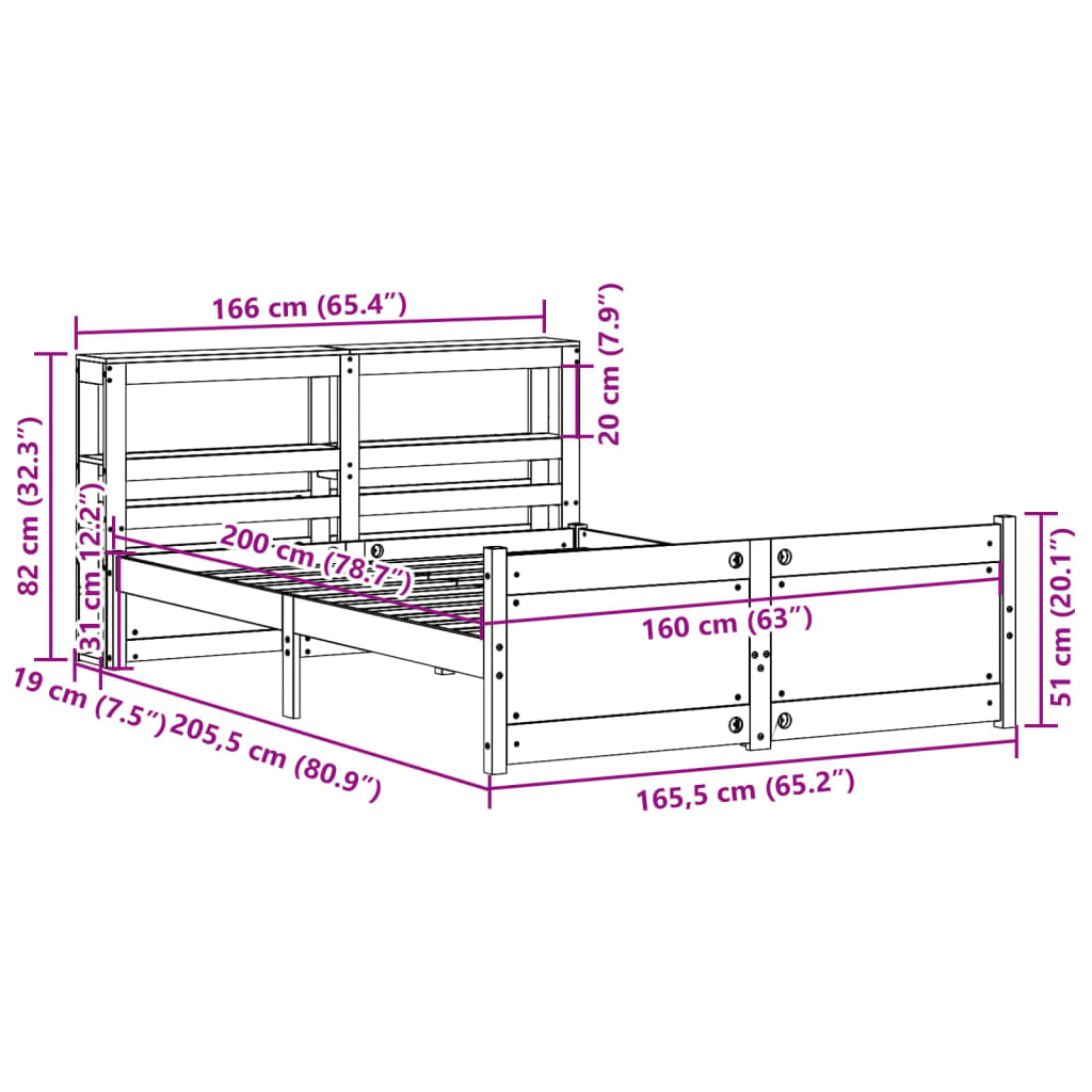 Sengeramme med Sengegavl 160x200 Cm Massivt Fyrretræ - billede 12