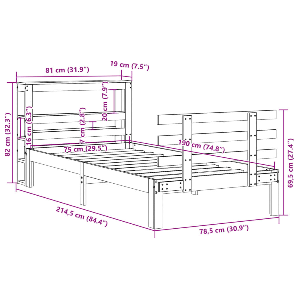 Sengeramme med Sengegavl 75x190 Cm Massivt Fyrretræ - billede 11