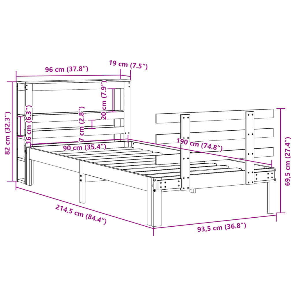 Sengeramme med Sengegavl 90x190 Cm Massivt Fyrretræ - billede 11