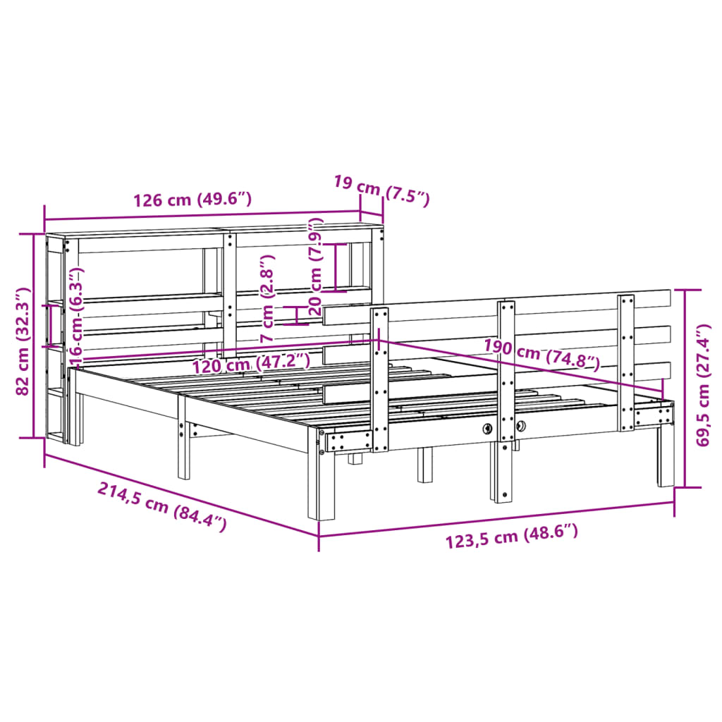 Sengeramme med Sengegavl 120x190 Cm Massivt Fyrretræ - billede 11
