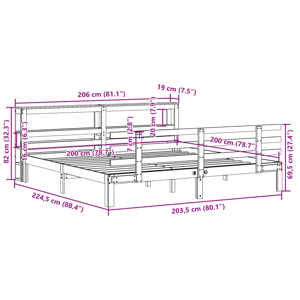 Sengeramme med Sengegavl 200x200 Cm Massivt Fyrretræ - billede 11
