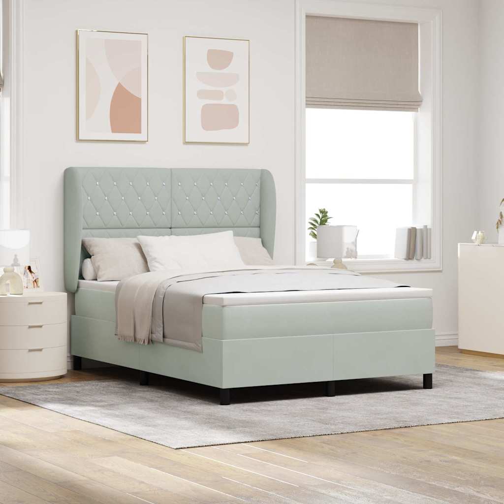 Box Spring Seng Med Madras Lysegrå 140 X 190 Cm Fløjl - Hovedbillede