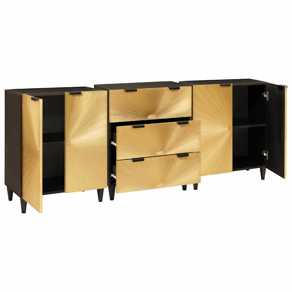 Sideboard 3 Pcs Sort Og Guld 60 X 33 X 75 Cm Massivt Mangotræ - Billede 2
