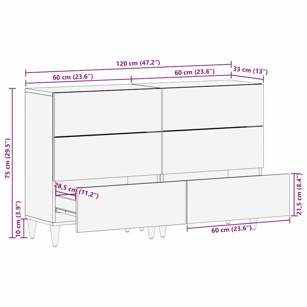 Sideboard 2 Pcs Grå 60 X 33.5 X 75 Cm Massivt Mangotræ - Billede 12
