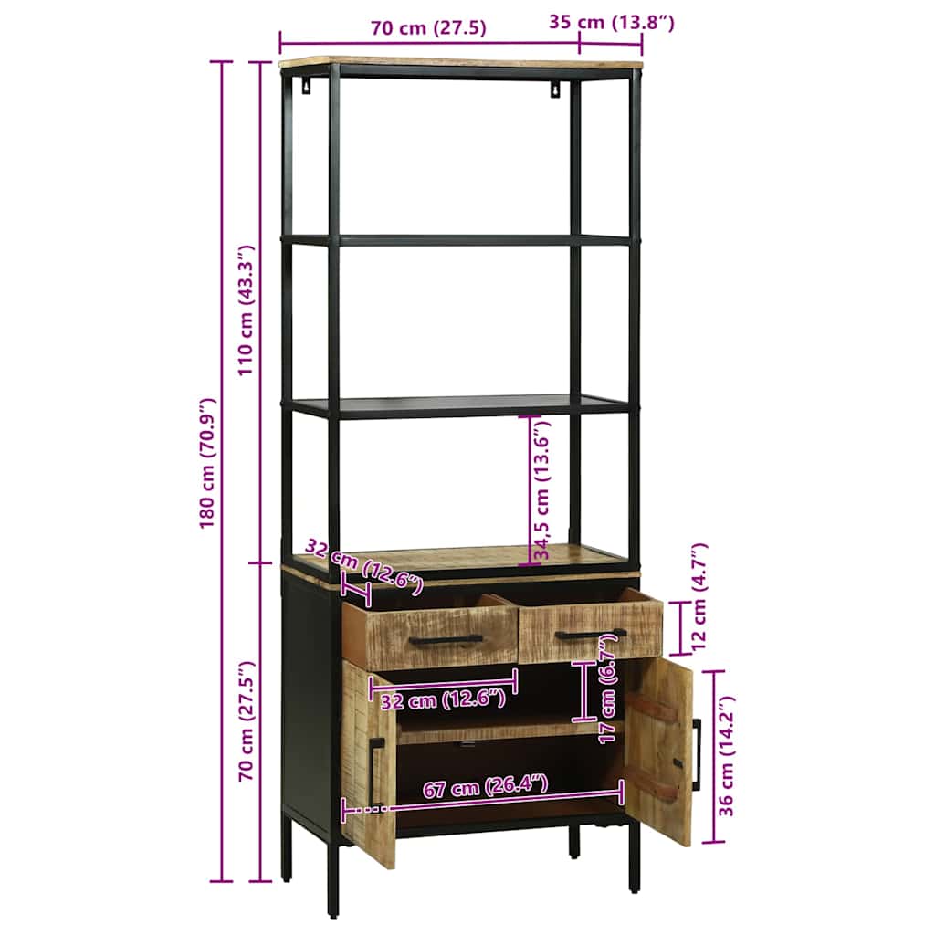 Highboard Brun 70 X 35 X 180 Cm Massivt Mangotræ - Billede 13