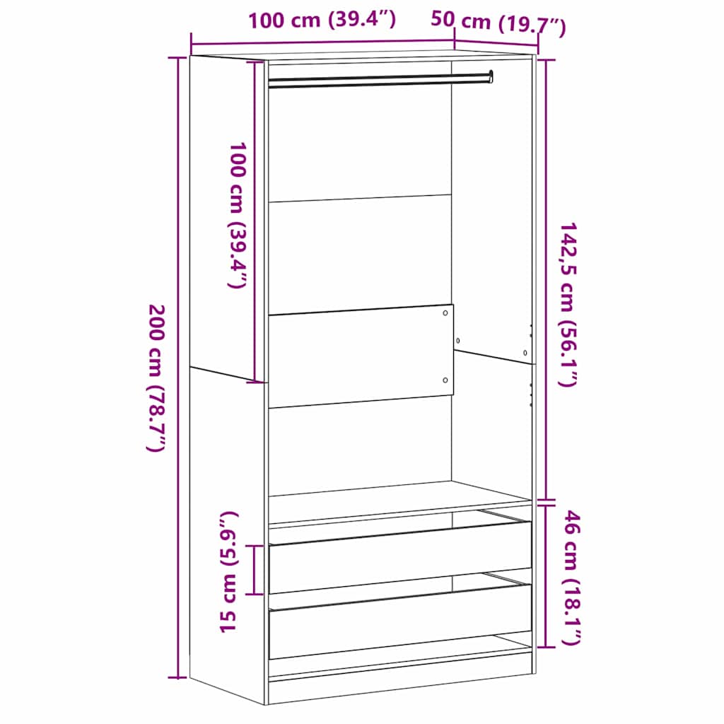 Garderobeskab Sort Eg 100 X 50 X 200 Cm Konstrueret Træ - Billede 11