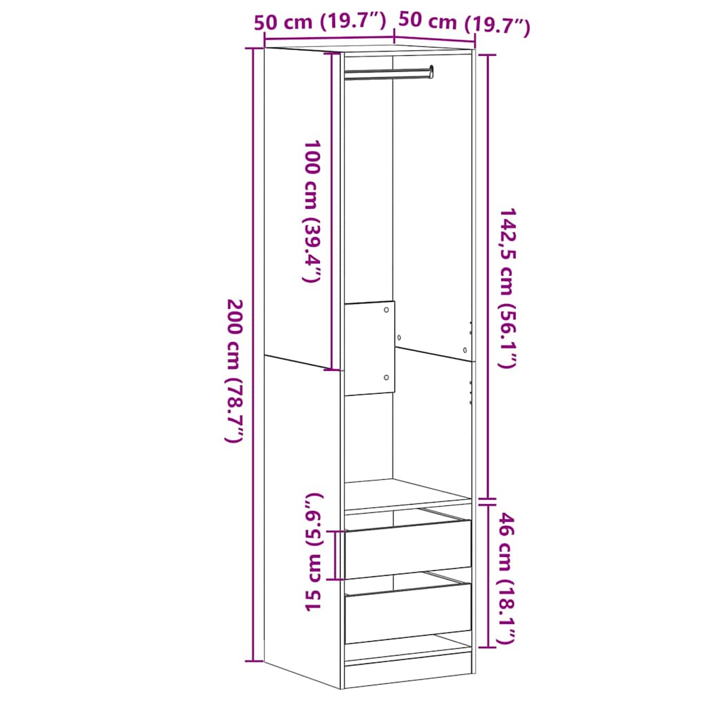 Garderobeskab Sort Eg 50 X 50 X 200 Cm Konstrueret Træ - Billede 11