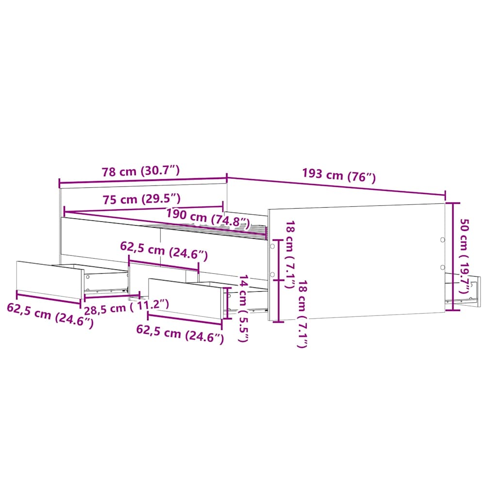 Sengestel Med Hovedgærde Sort Eg 75 X 190 Cm Konstrueret Træ - Billede 11