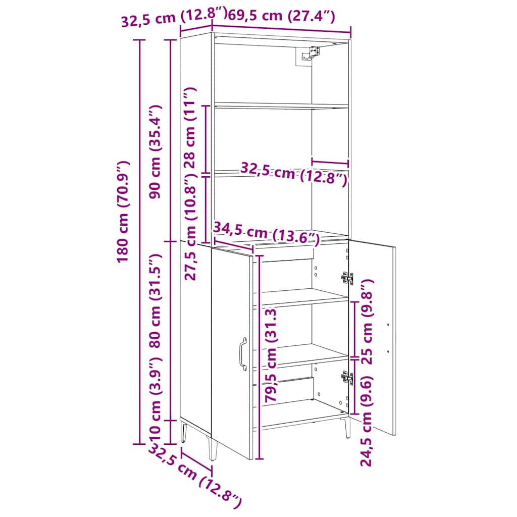 Sideboard Sort Eg 69.5 X 32.5 X 180 Cm Konstrueret Træ - Billede 11