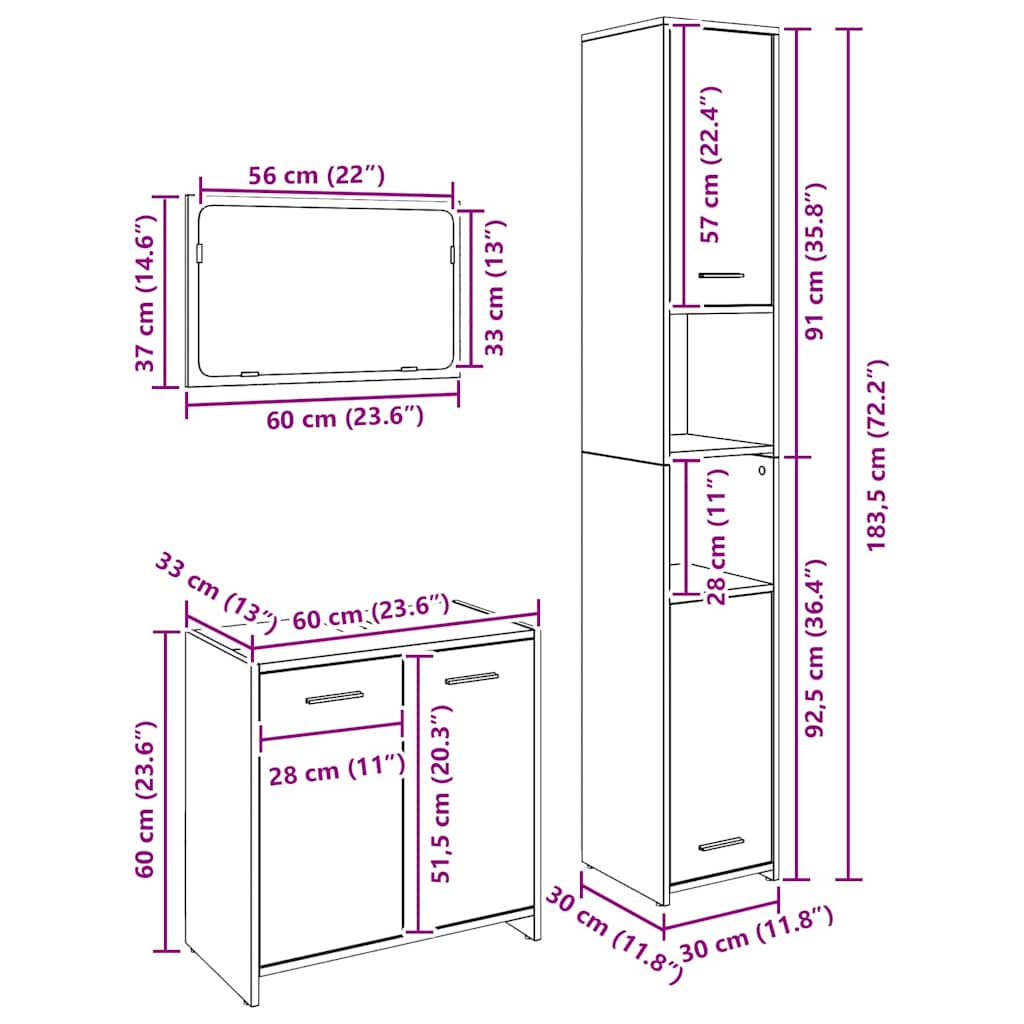 Badeværelsesmøbler Vægmonteret 3 Pcs Sort Eg 30 X 30 X 183.5 Cm - Billede 13