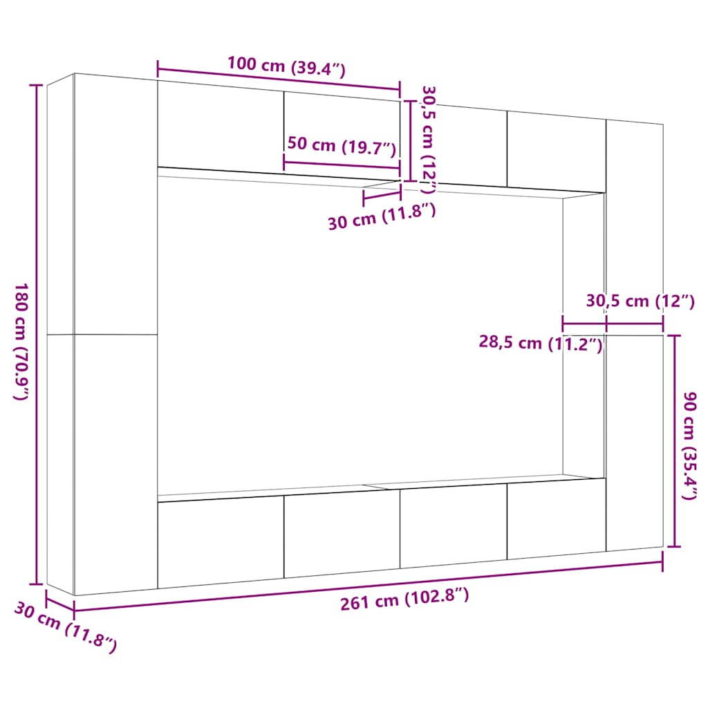 Tv-møbelsæt 8 Pcs Sort Eg 100 X 30 X 30 Cm Konstrueret Træ - Billede 13
