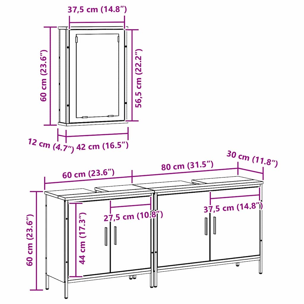 Badeværelsesmøbel Sæt Med Opbevaring 3 Pcs Brun 80 X 30 X 60 Cm - Billede 13