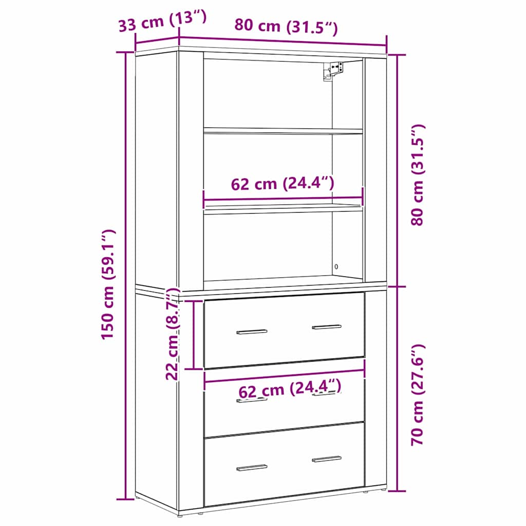 Højskab Med Skuffe Sort Eg 80 X 33 X 150 Cm Konstrueret Træ - Billede 13