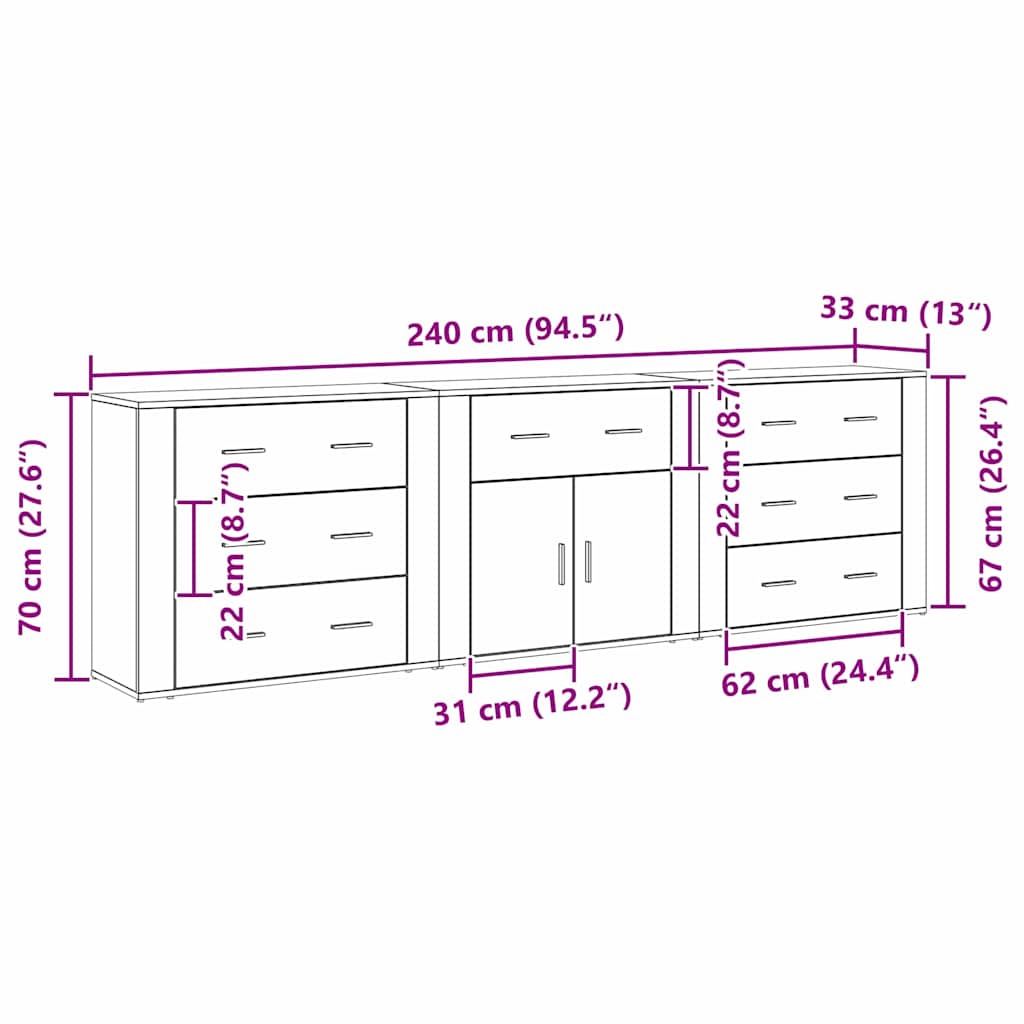 Sideboard Med Skuffe Sort Eg 240 X 33 X 70 Cm Konstrueret Træ - Billede 13