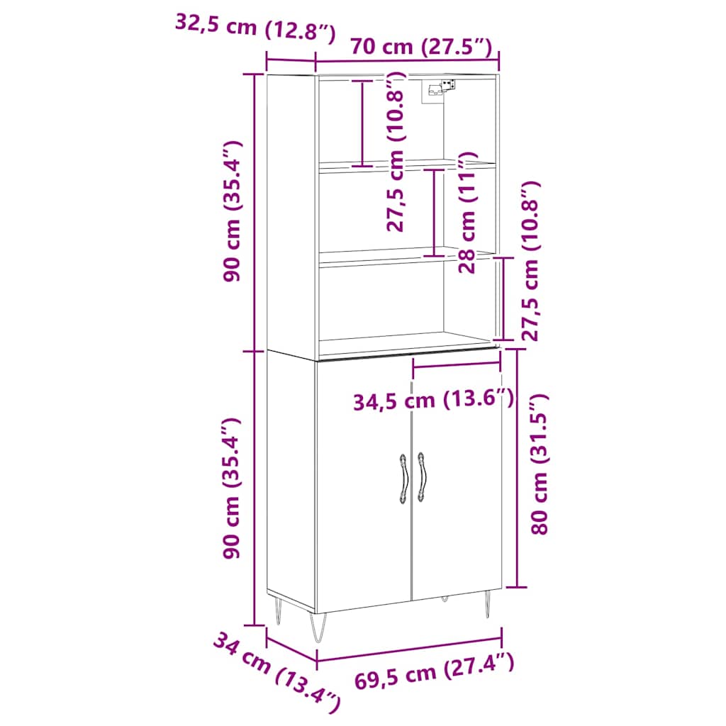 Highboard 2 Pcs Sort Eg 70 X 34 X 180 Cm Konstrueret Træ - Billede 11