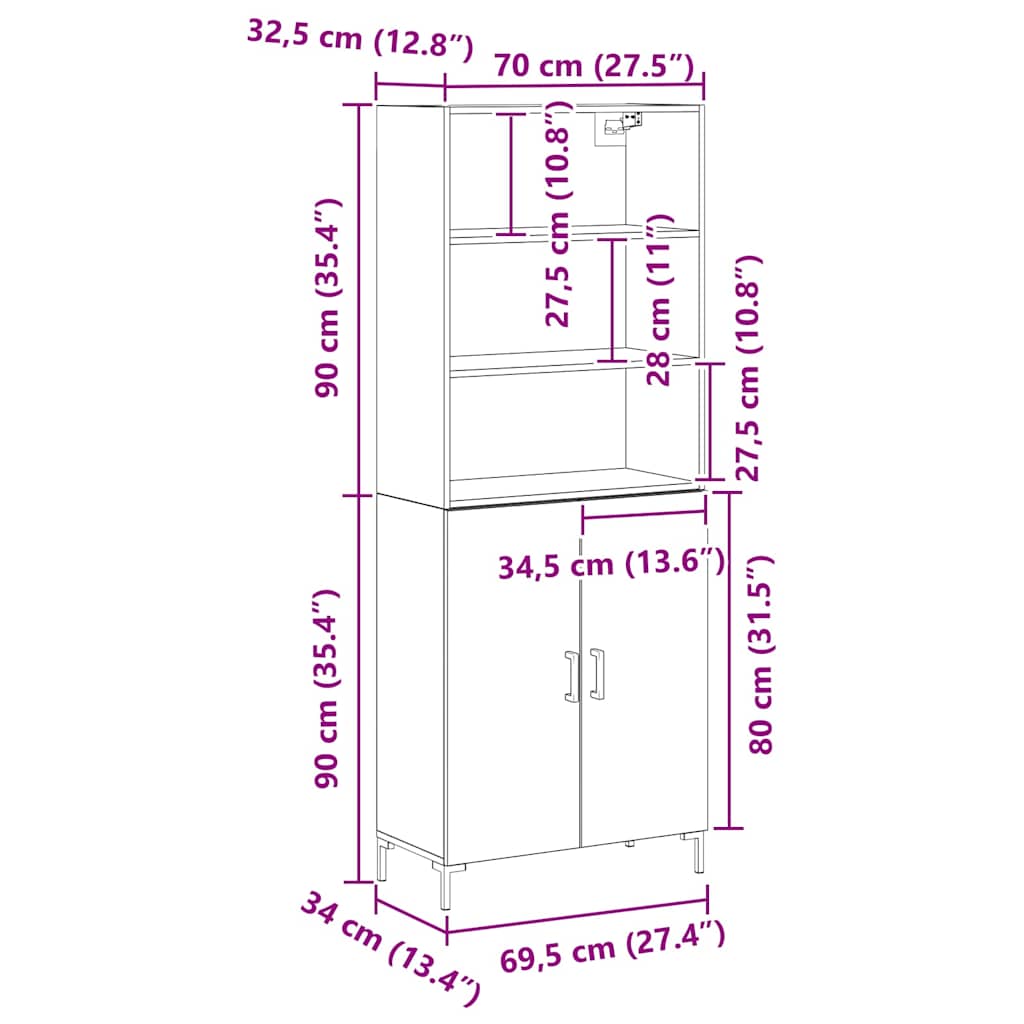 Highboard 2 Pcs Sort Eg 70 X 34 X 180 Cm Konstrueret Træ - Billede 13