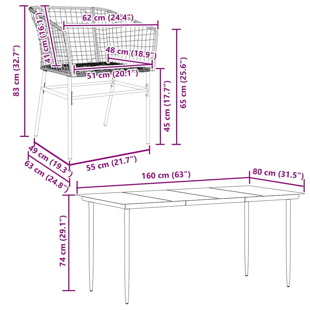 5 Dele Spisebordssæt Til Haven M. Hynder Polyrattan Glas Sort