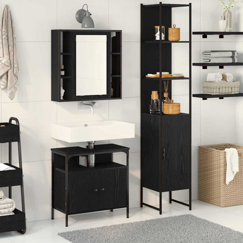 Badeværelsesskabsæt Med Hylde 3 Pcs Sort Eg 33 X 33 X 185.5 Cm - Hovedbillede