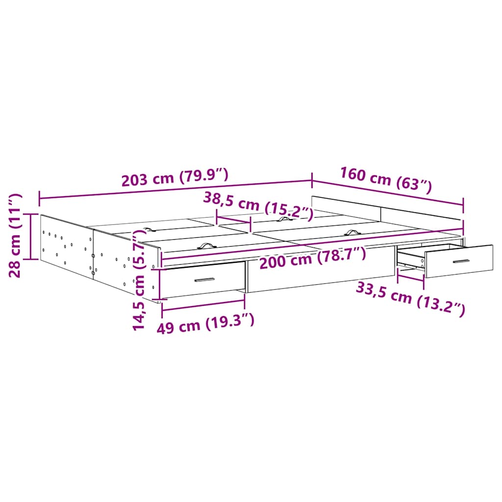 Seng Med Opbevaring Sort Eg 160 X 200 Cm Konstrueret Træ - Billede 11