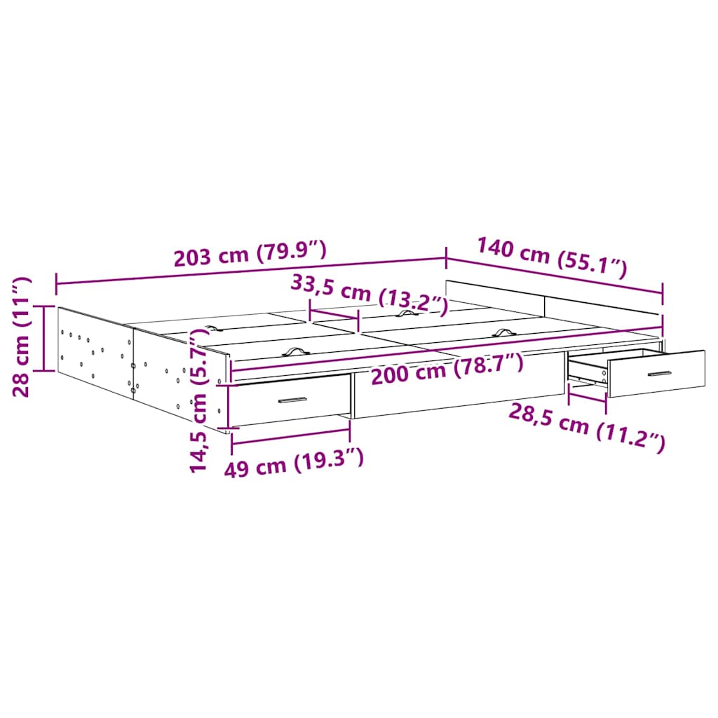 Seng Med Opbevaring Sort Eg 140 X 200 Cm Konstrueret Træ - Billede 11