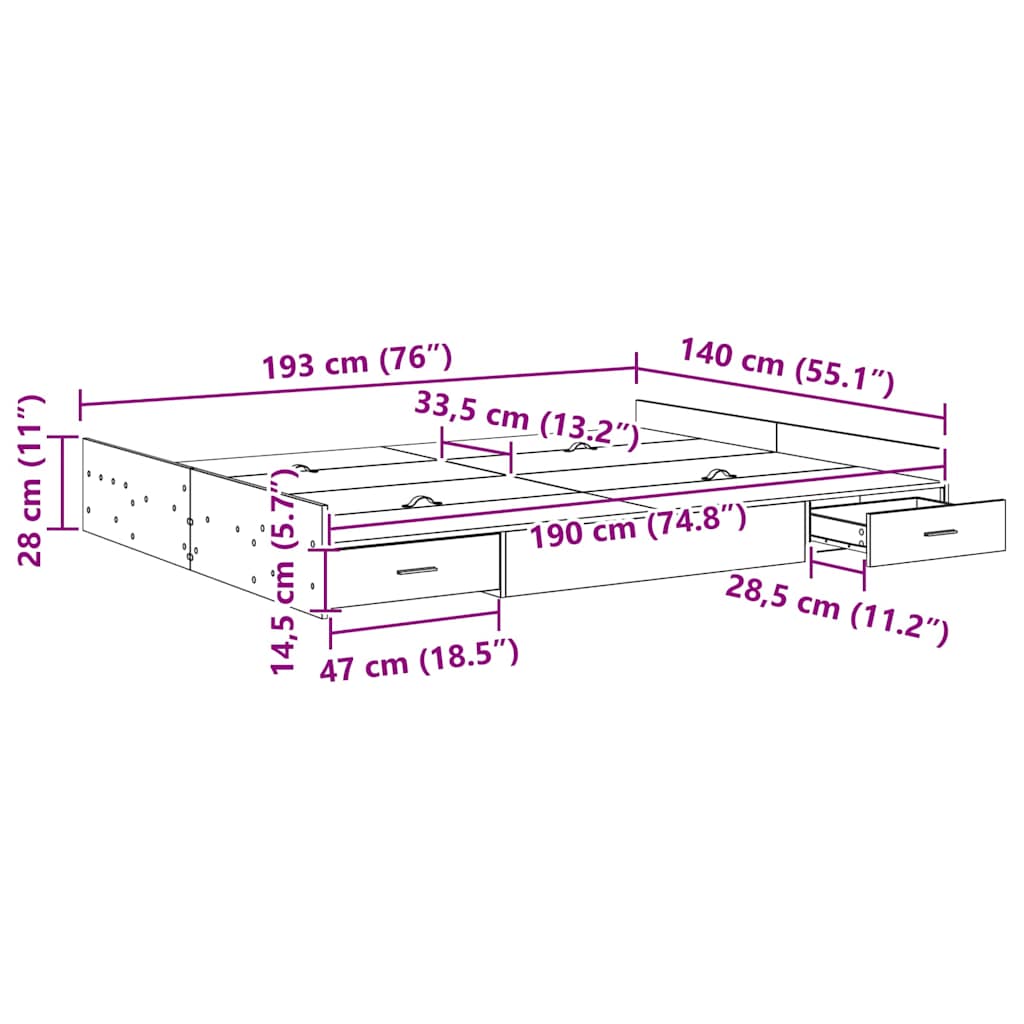 Seng Med Opbevaring Sort Eg 140 X 190 Cm Konstrueret Træ - Billede 11