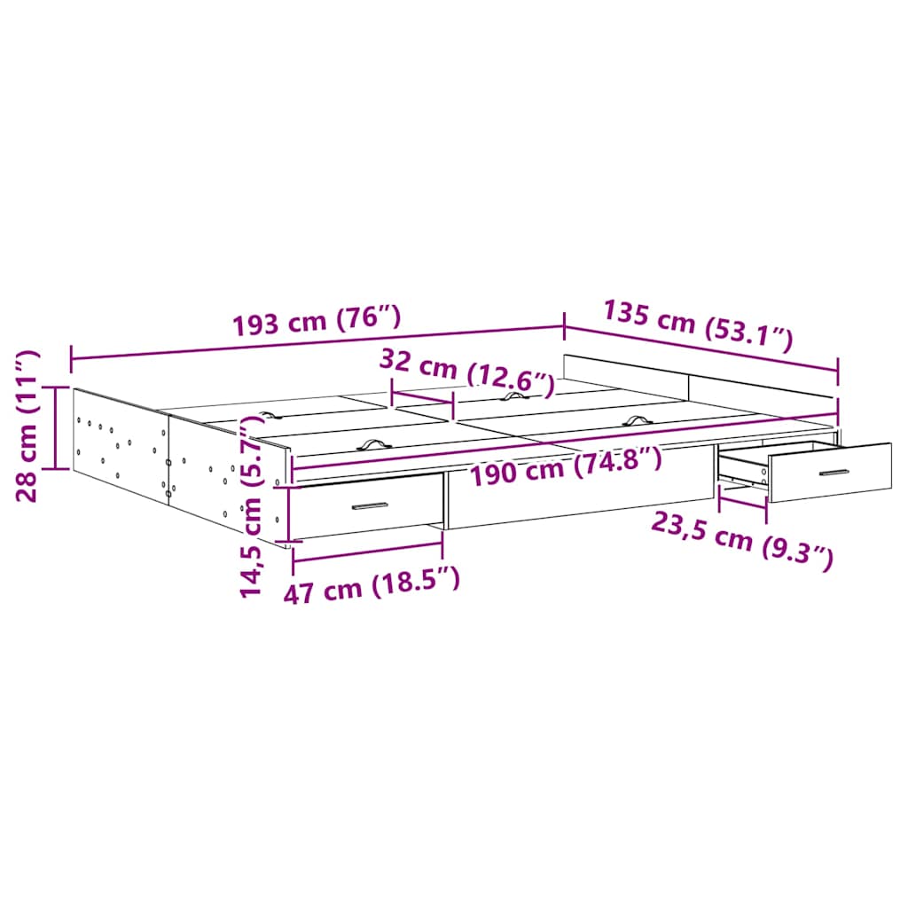 Seng Med Opbevaring Sort Eg 135 X 190 Cm Konstrueret Træ - Billede 11
