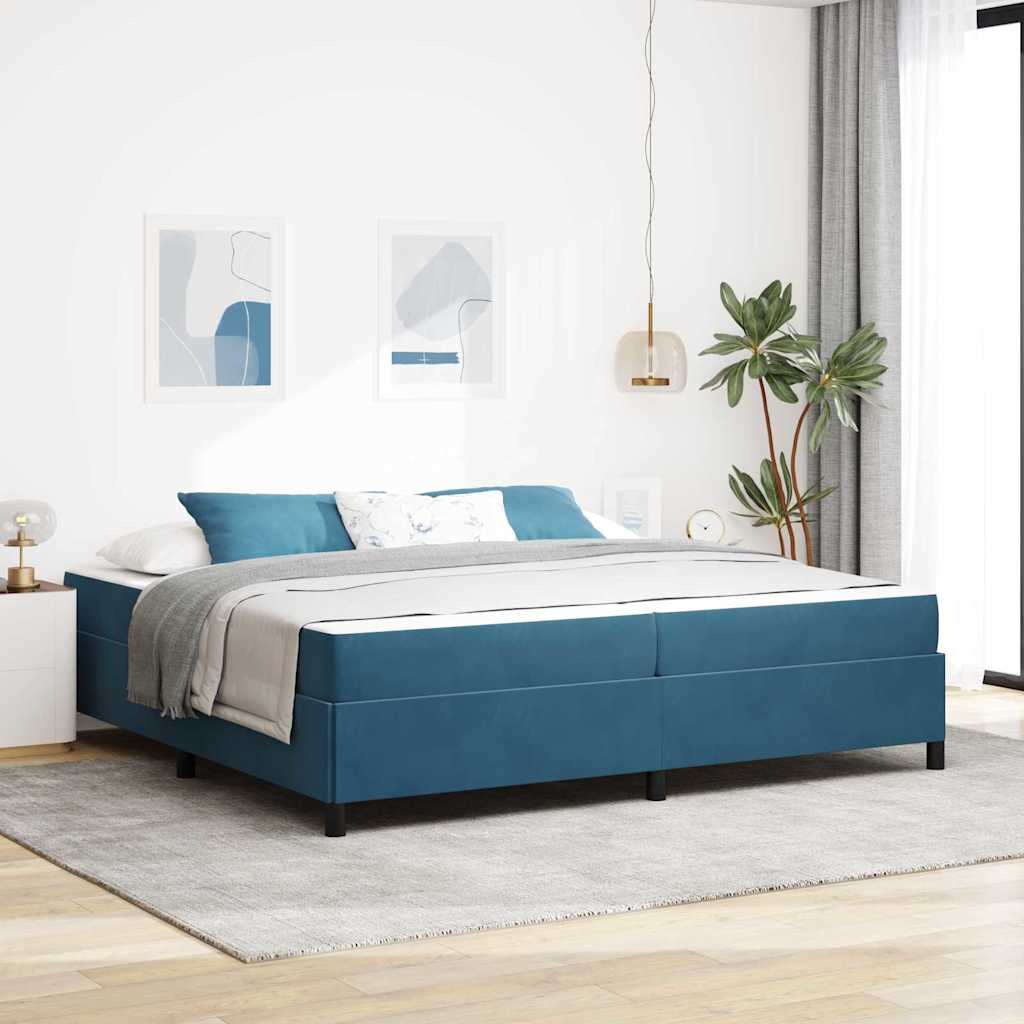 Sengestel Med Madras Mørkeblå Og Hvid 200 X 200 Cm Fløjl - Hovedbillede